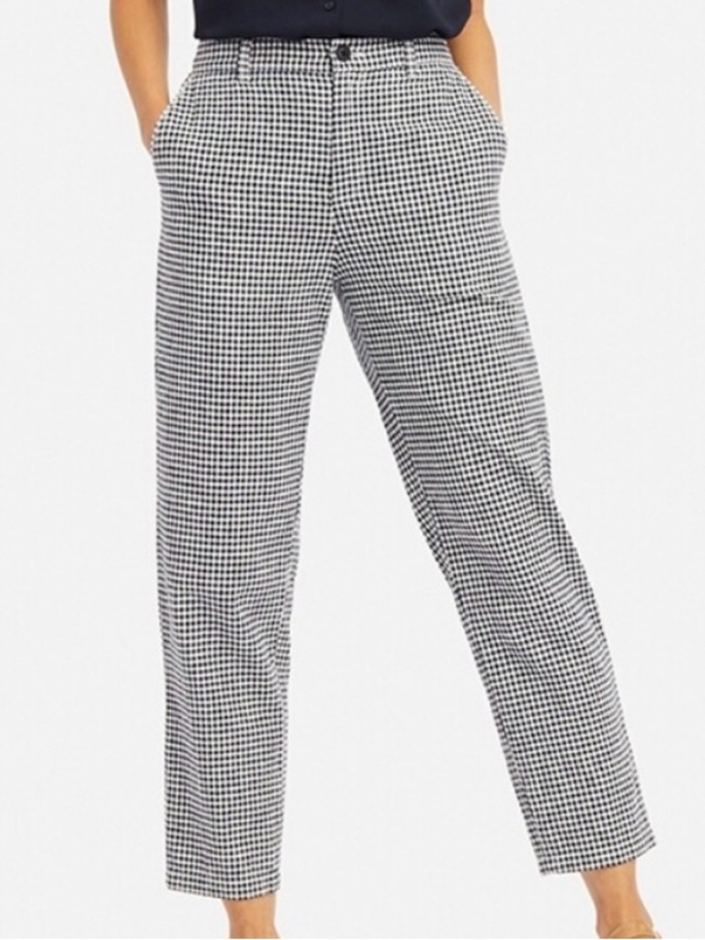 Uniqlo Navy Blue & White Gingham Straight leg taper Cotton and Linen blend pants